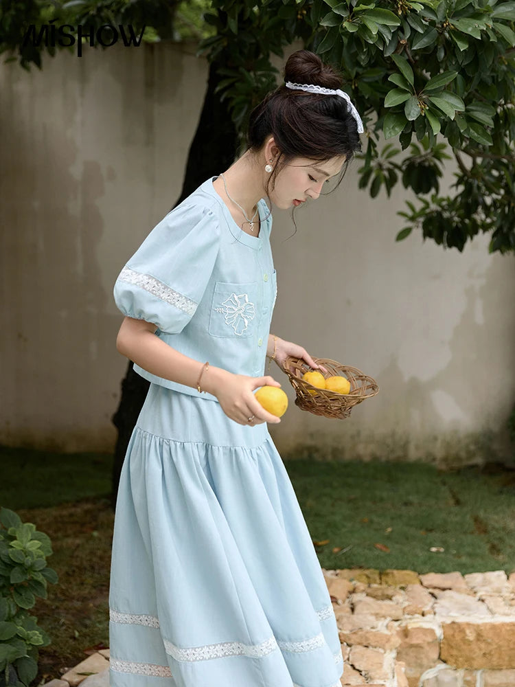 MISHOW Blue Lace Patchwork Top Elastic Waist Skirt Set MPD22B0450