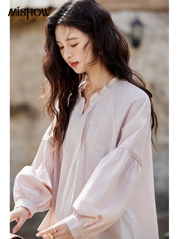 MISHOW Pink Cotton Ruffled Blouse Loose Long Sleeve MXE13X1699
