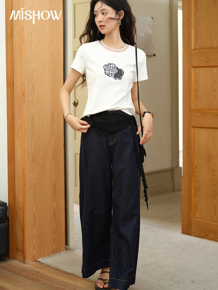 Mishow Lace Edge Splicing Round Neck Tee MXE38T0630