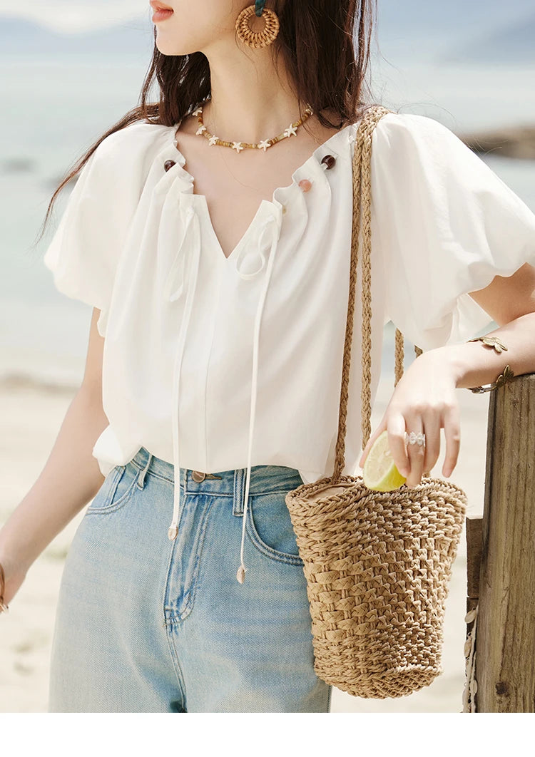 MISHOW V-Neck Puff Sleeve Blouse Beaded Retro Top MXE33X1757