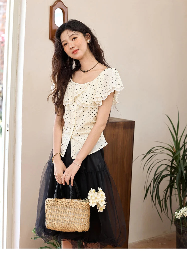 MISHOW Apricot Polka Dot Shirt Ruffle Edge Patchwork Lace MXE34X1783