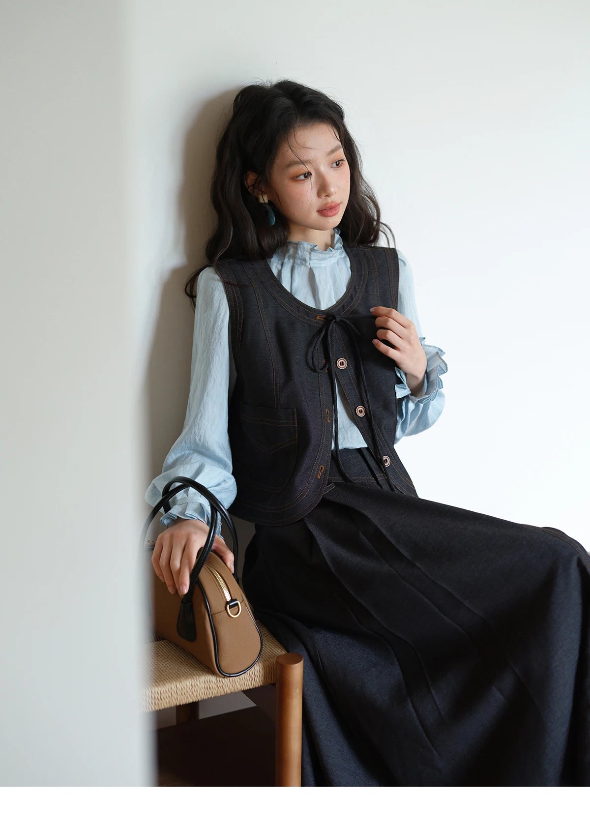 Mishow Deep Blue Imitation Denim Lace-Up Vest MXE41W0797