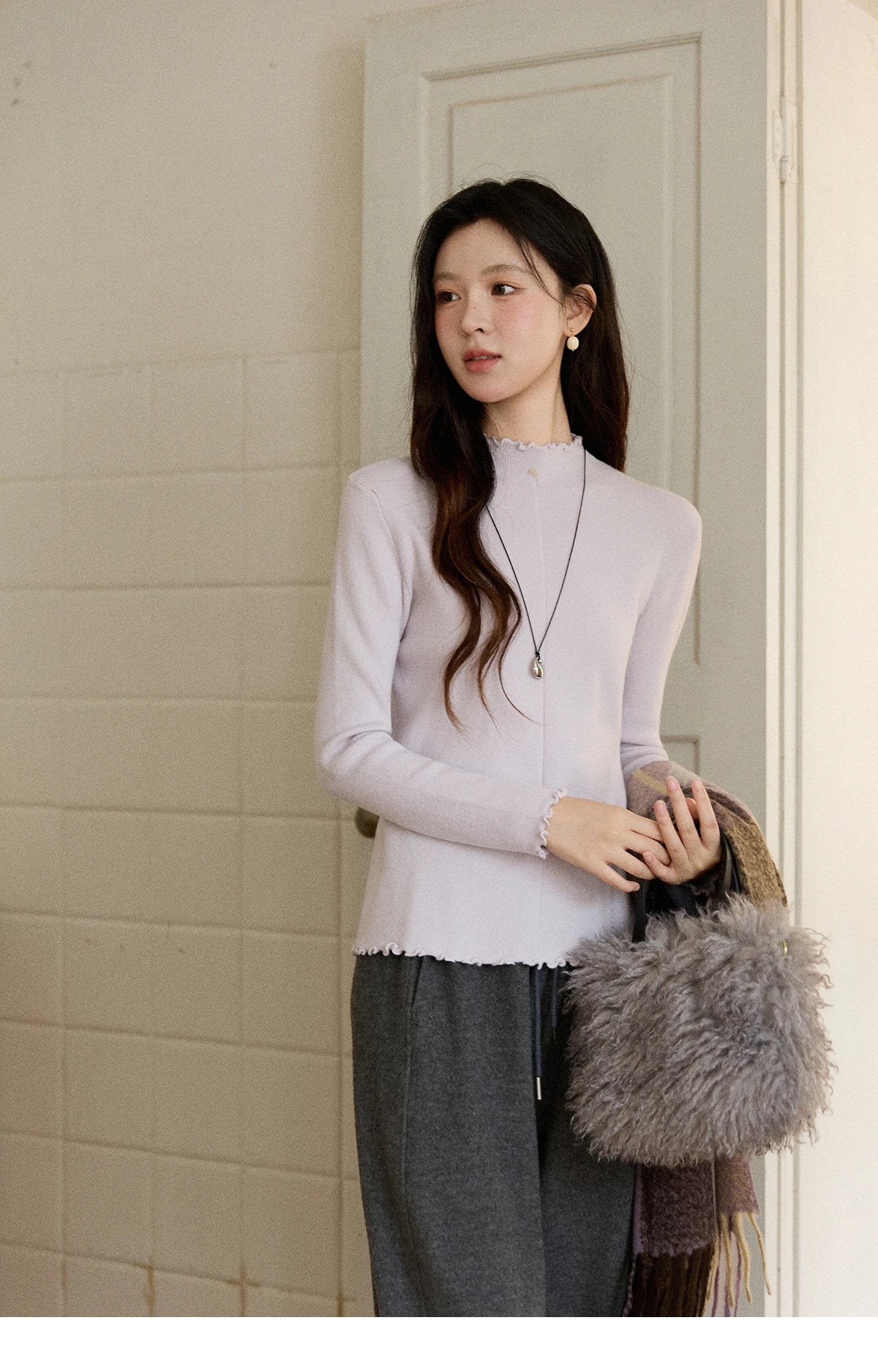Mishow Ruffled Turtleneck Slim Knit Top MXE91Z2826