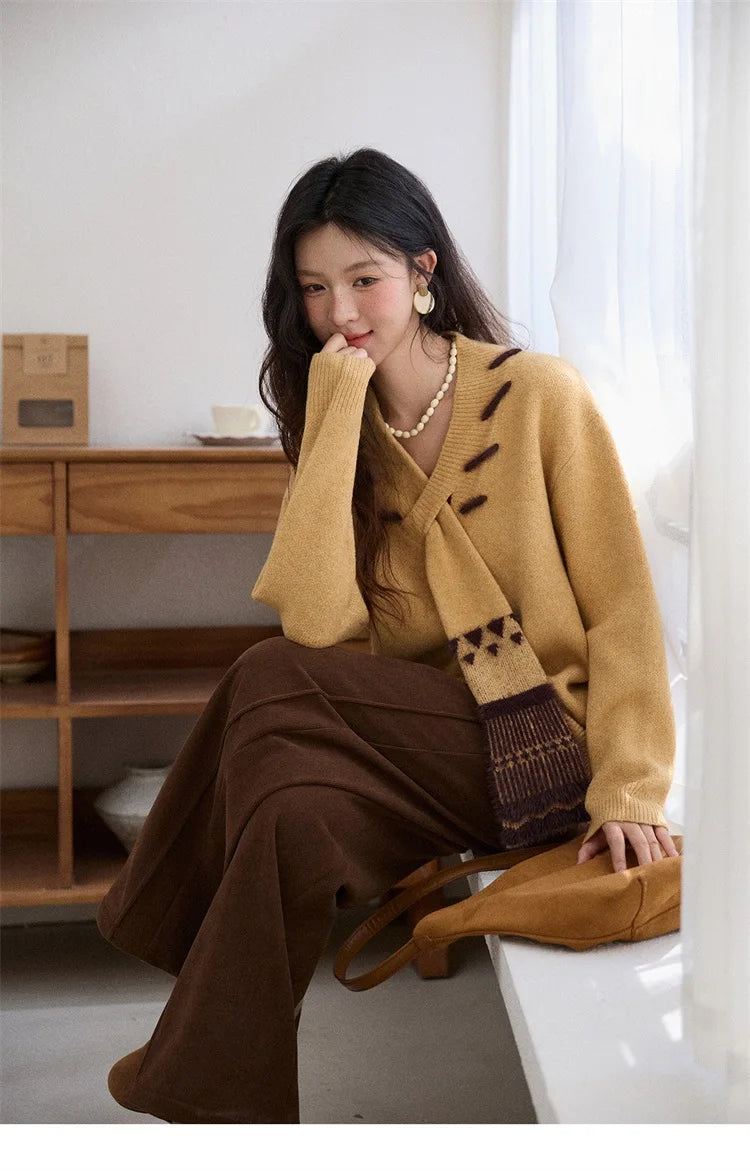 Mishow Yellow V-Neck French Workwear Pullover MXE87Z2771