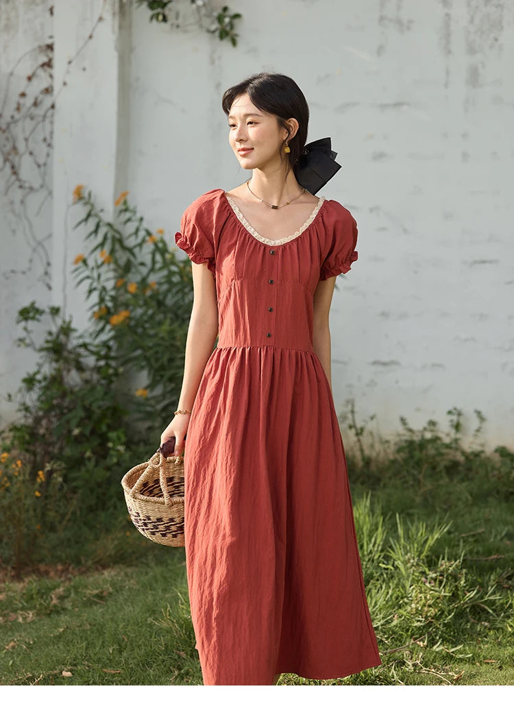 Mishow French Puff Sleeve Lace Neck Long Dress MXE35L2297