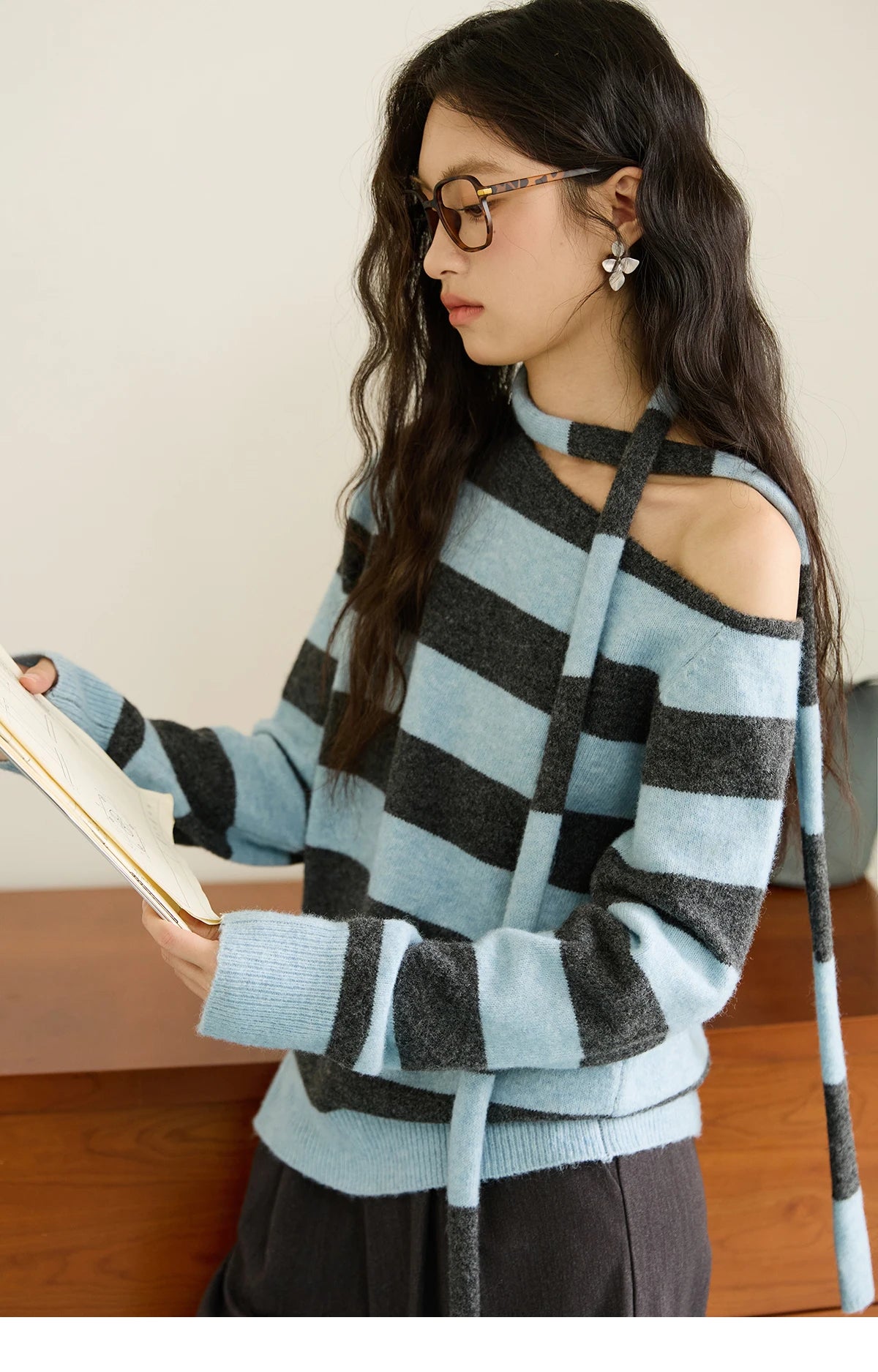 Mishow Blue Gray Slanted Shoulder Ribbon Sweater MXE46Z2540