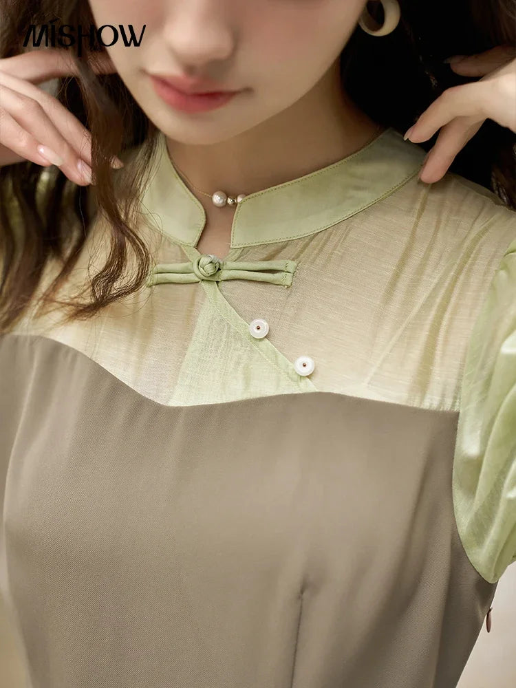 Mishow Chinese Style Puff Sleeve Fake Two-Piece Dress MXC35L1354