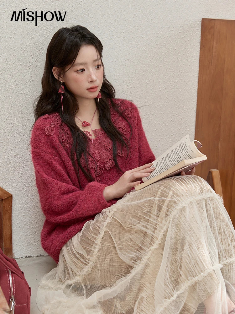 Mishow Pink Lace Wool V-Neck Lantern Sleeve Pullover MXE51Z2632