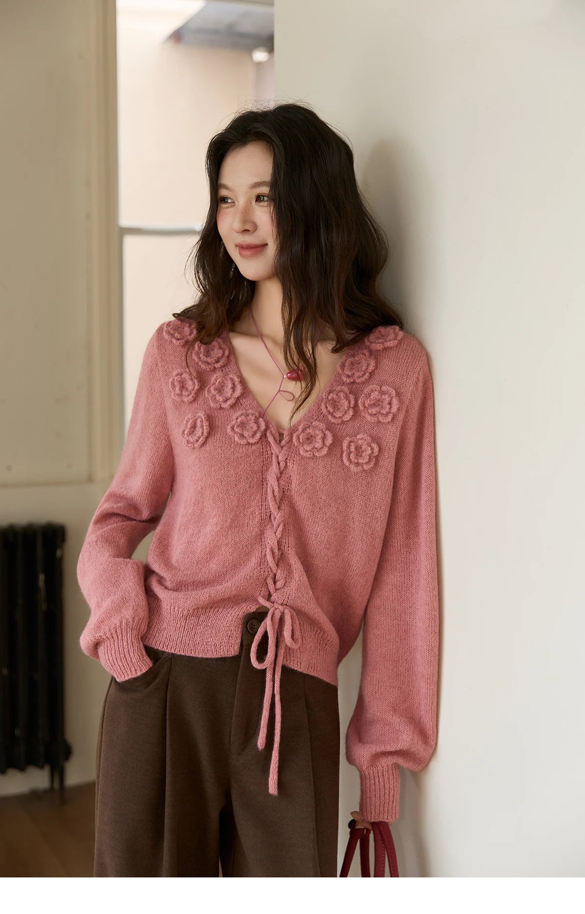 Mishow Pink 3D Rose V-Neck Loose Pullover MXE88Z2708