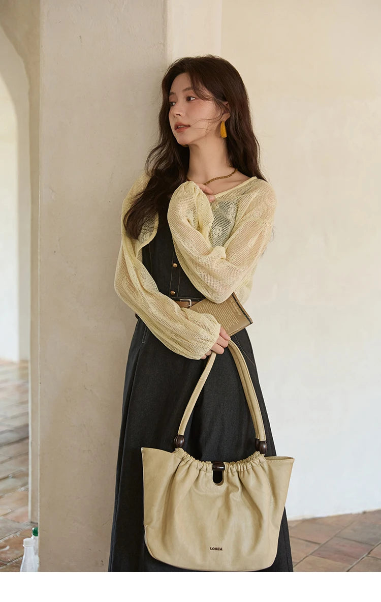 Mishow Lantern Sleeve Cardigan & Denim Strap Dress Set MXE41T0704