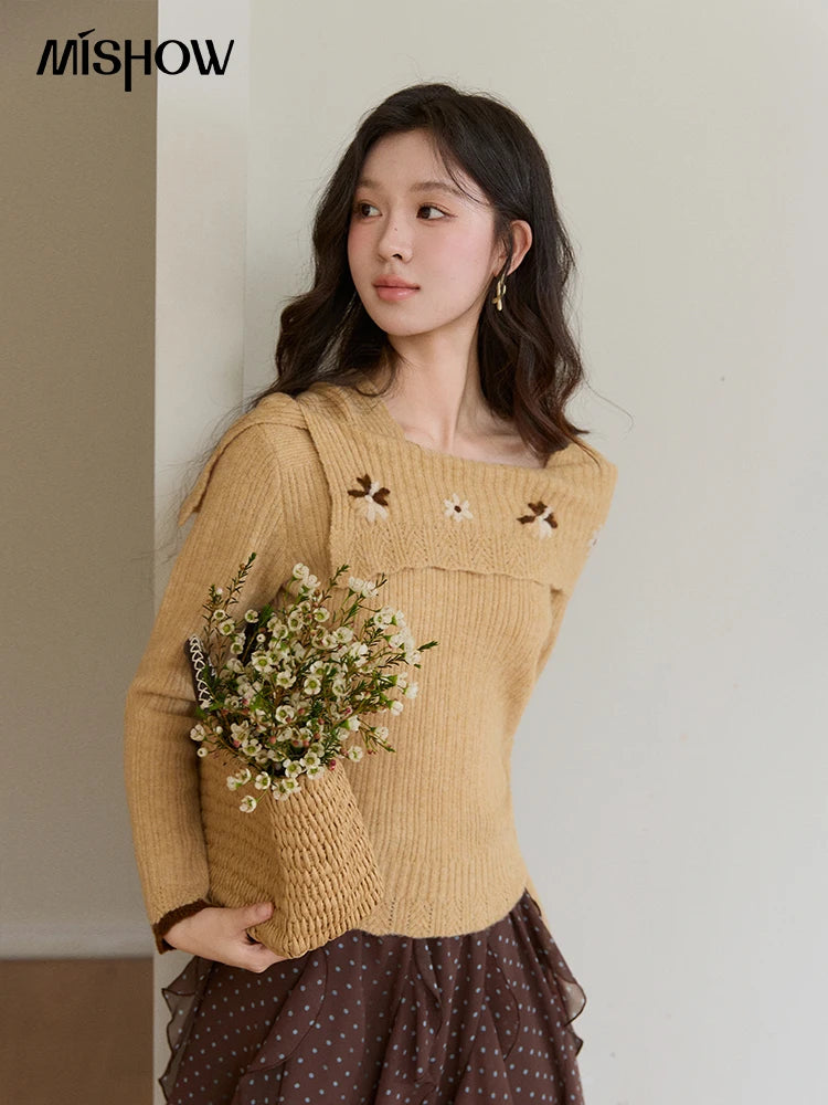 Mishow Yellow One Shoulder Floral Ribbed Sweater MXF11Z2894
