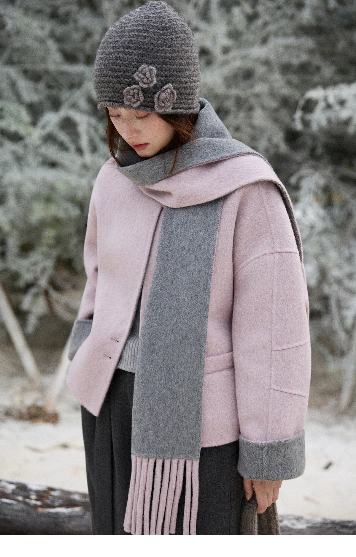 Mishow Tweed Wool Double-Faced Short Coat with Scarf MXE86W0977