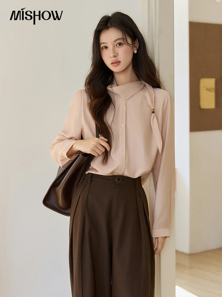 MISHOW Nude Pink Ribbon Stand Neck Shirt Button-Down MXE11X2547