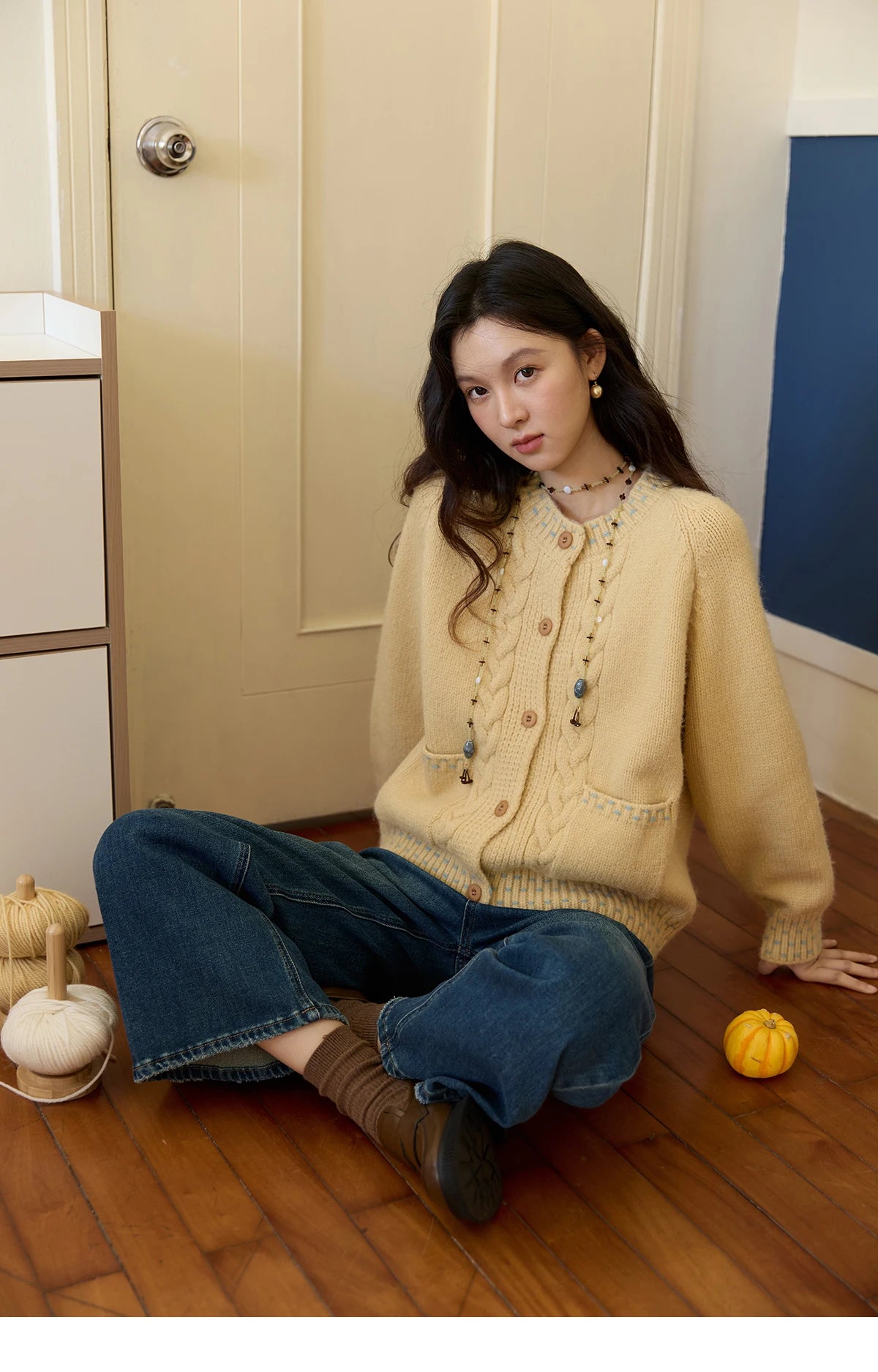 Mishow Yellow Cable Knit Hand-Drawstring Cardigan MXE47Z2566