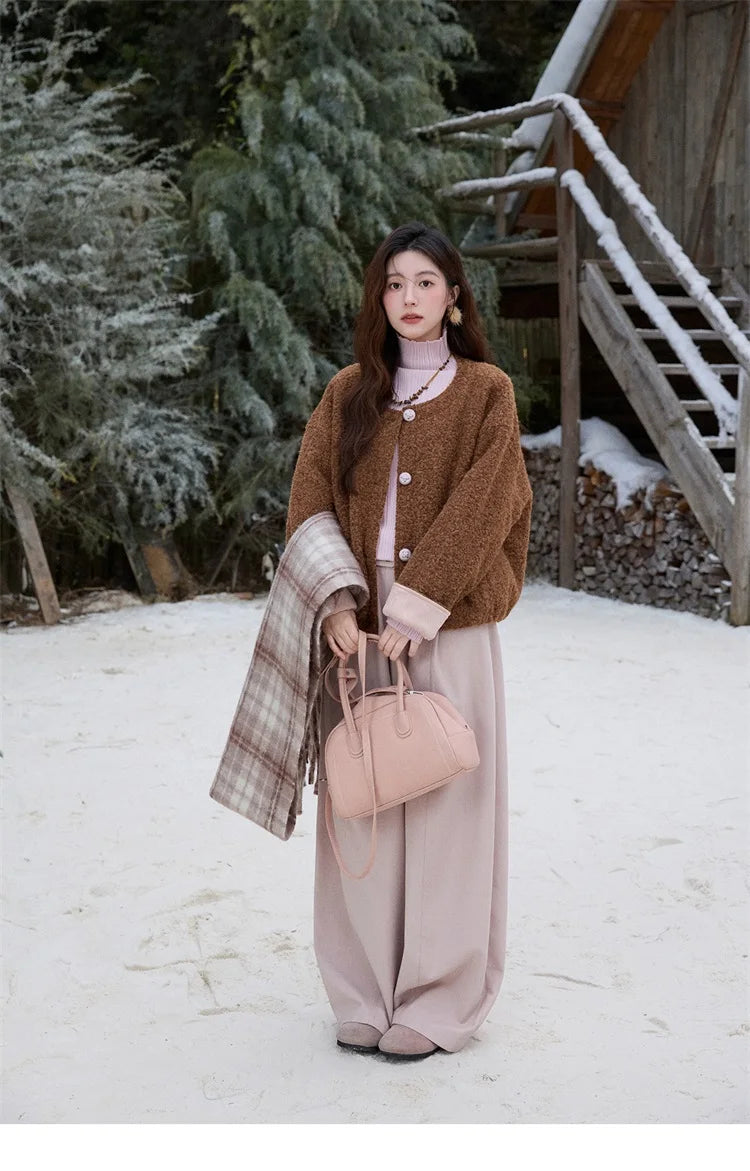 MISHOW Brown Wool Quilted Coat Round Neck Short Loose MXE87W0935
