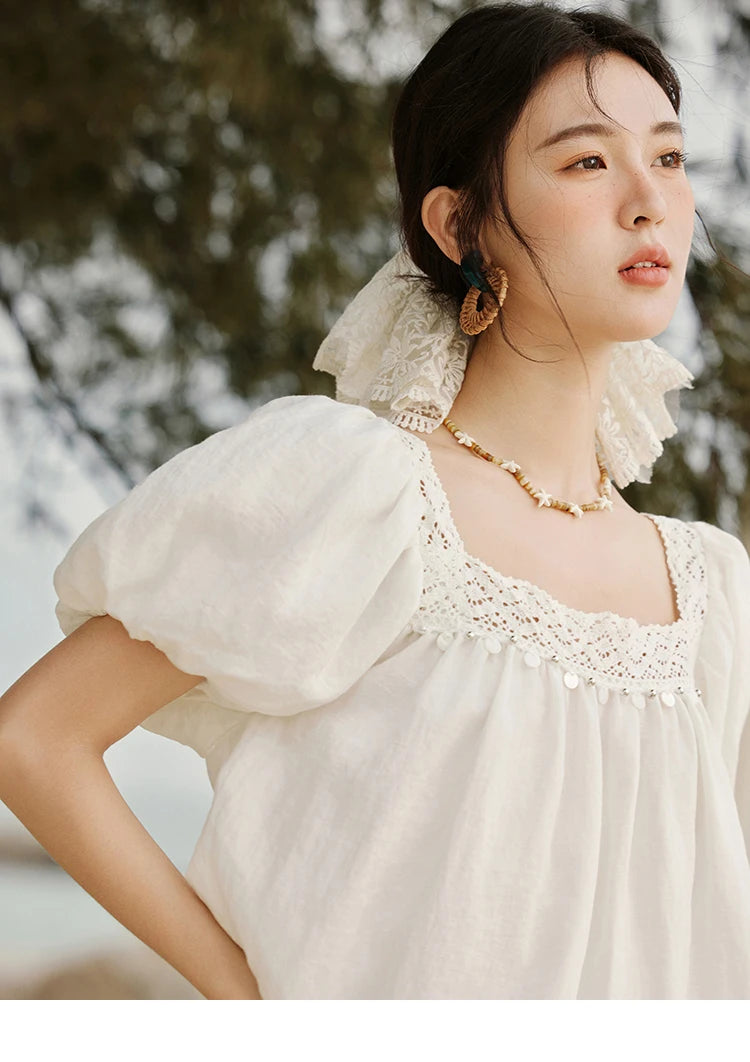 MISHOW Square Collar Puff Sleeve Blouse Lace Splicing MXE32X1780