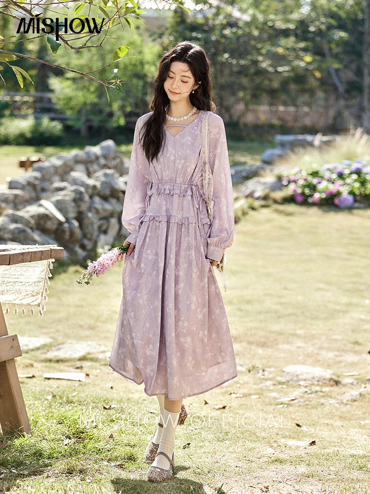 Mishow Black Fungus Edge Floral Lace-Up Cake Dress MXE13L2101