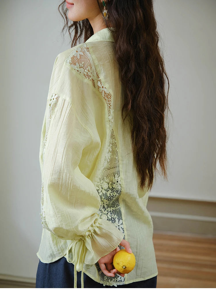 MISHOW Women's Patchwork Lace Shirt Lapel Drop Sleeve Drawstring Cuffs MXE31C0789