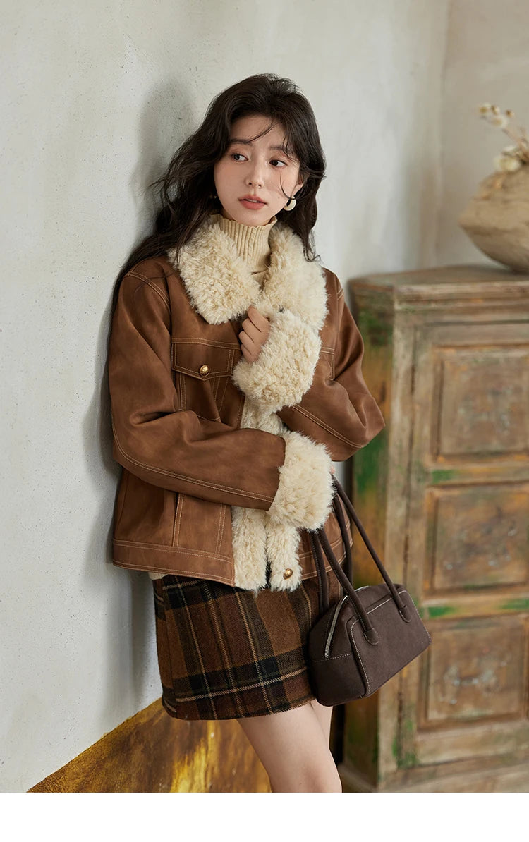 Mishow Leather Fur Lamb Wool Spliced Jacket MXD56W0538