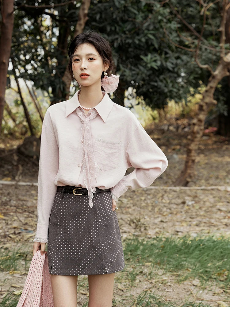 MISHOW Lace Trim Blouse Turn-Down Collar MXE16C0760