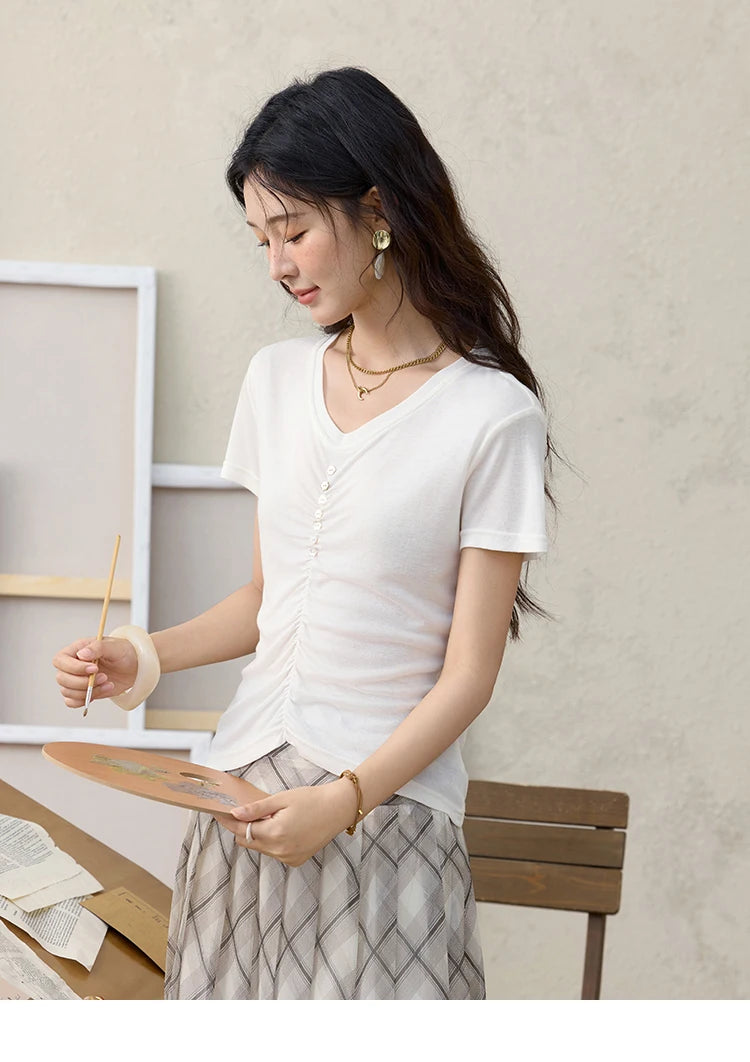 Mishow V-Neck Front Elastic Shell Button Tee MXE34T0560