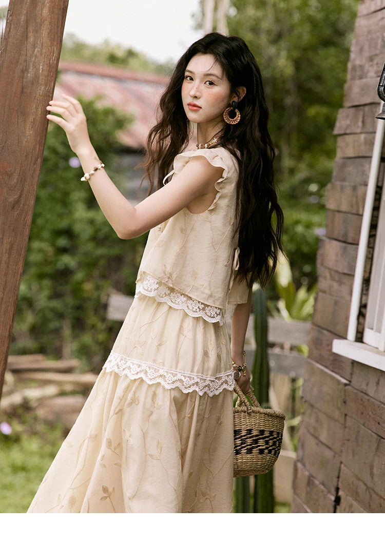 Mishow Short Flying Sleeve Top & Hollow Embroidery A-Line Skirt Set MXE33T0545