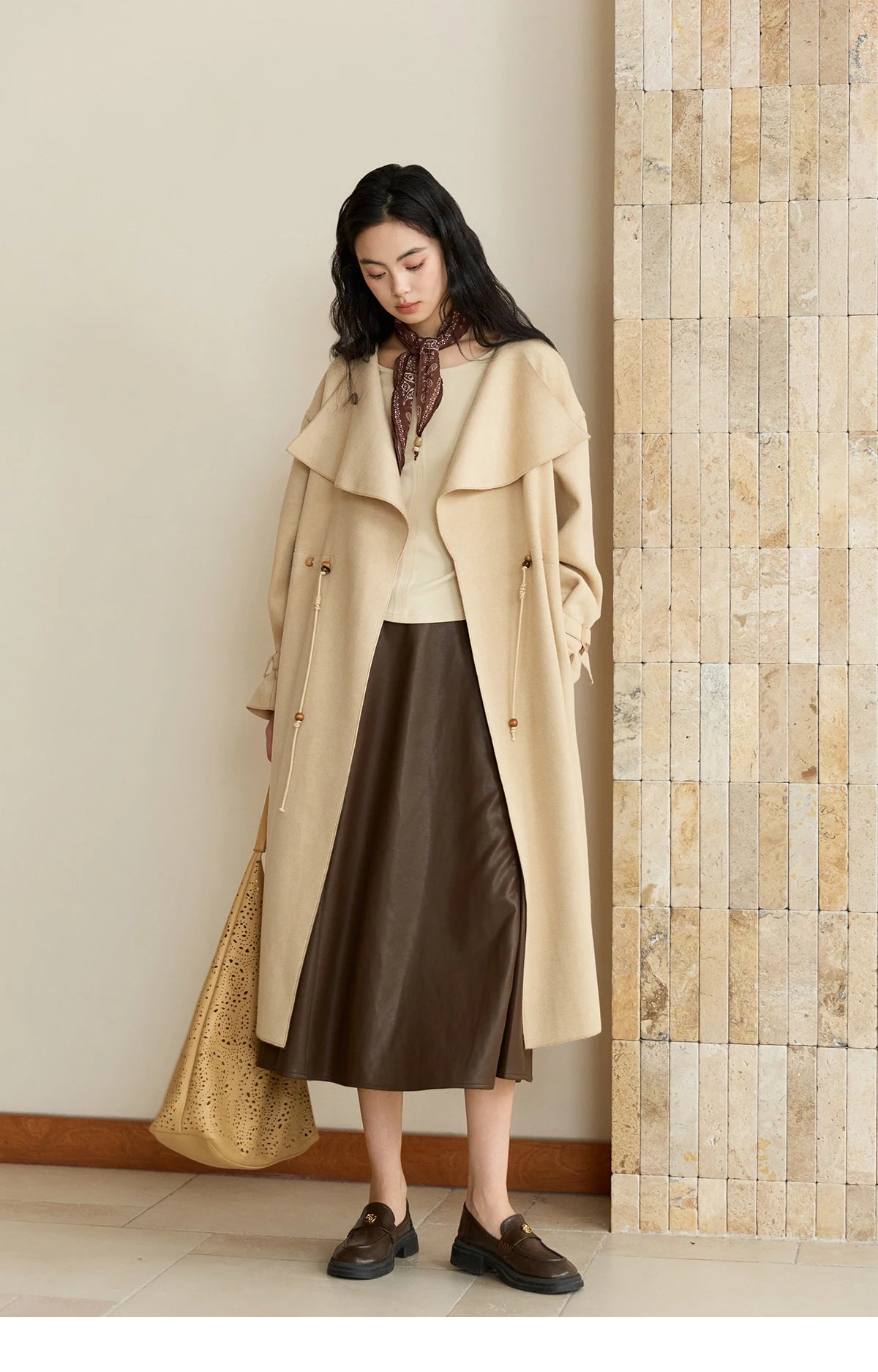 Mishow Drawstring Waist Large Lapel Mid-Length Woolen Coat MXE45W0841