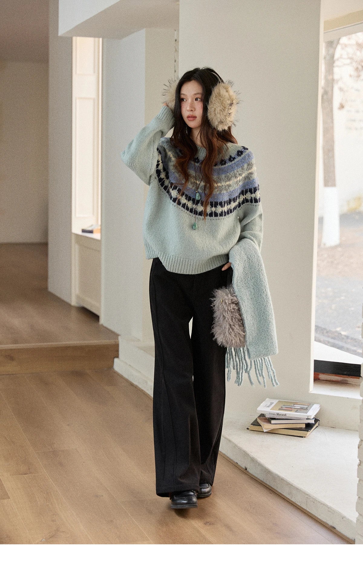Mishow Blue Fair Isle Geometric Jacquard Pullover MXE87Z2767
