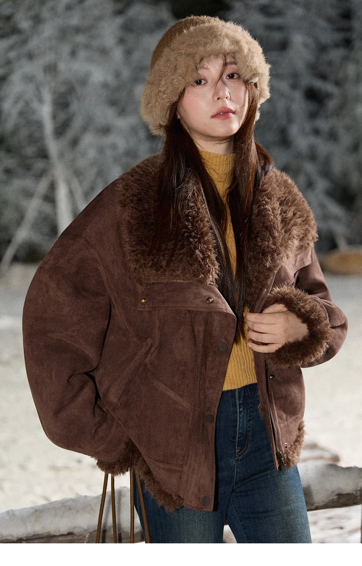 MISHOW Blue Plush Jacket Turn-Down Collar Zip-Up Loose MXE87W0917