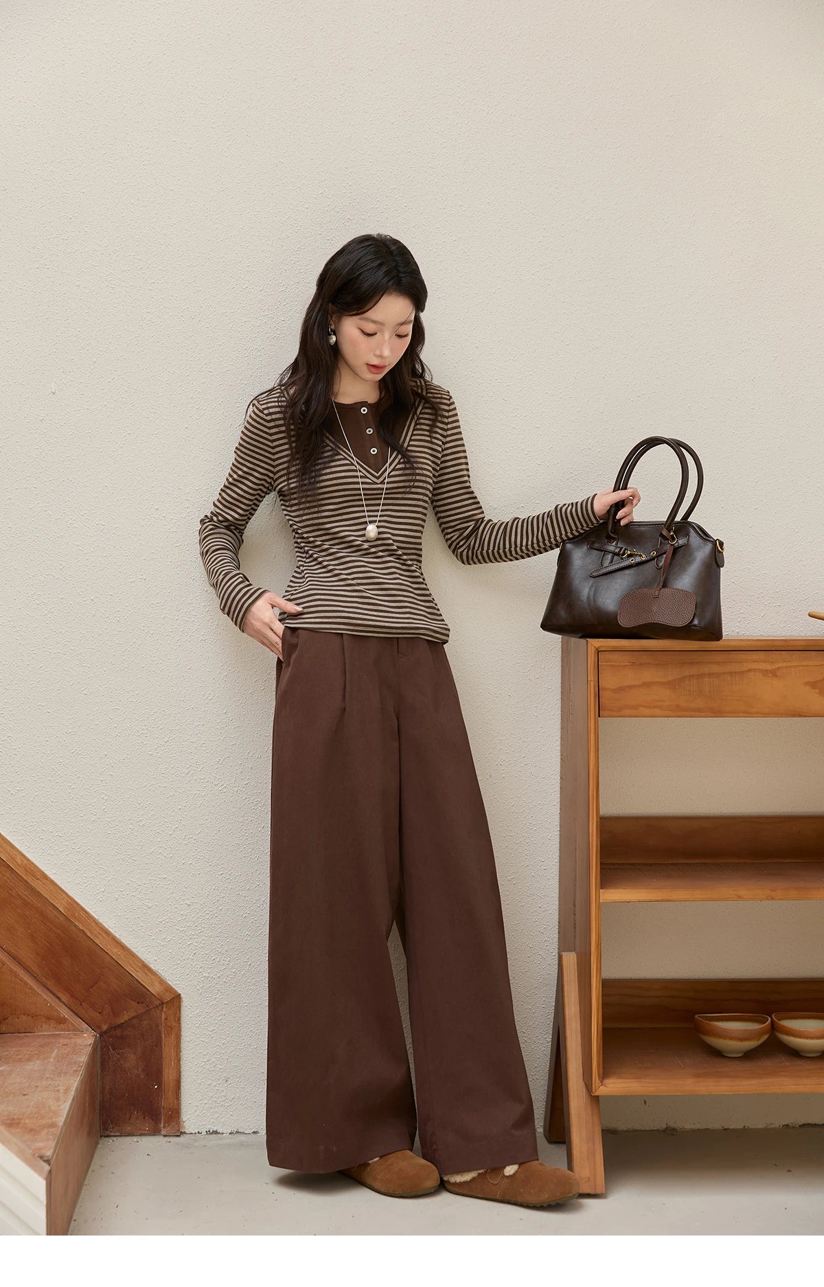 MISHOW Brown Wide-Leg Pants High Waist Drape Trousers MXE51K1094