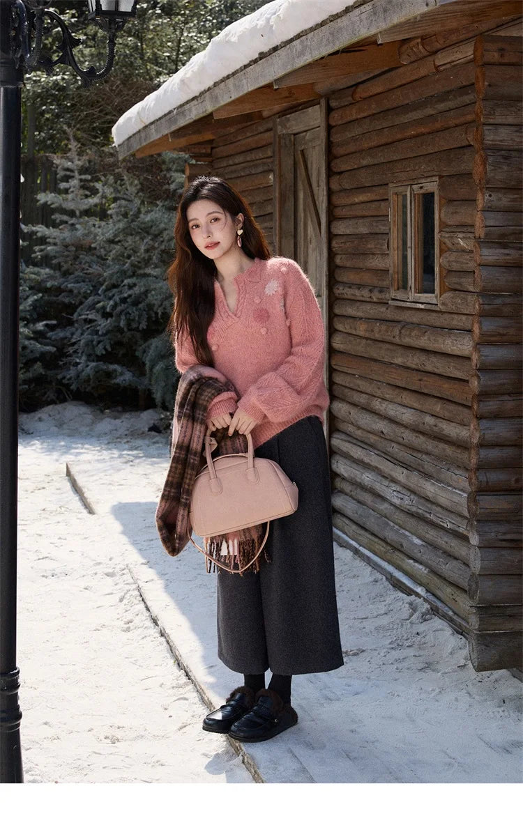 Mishow Raspberry Pink Floral Pom-Pom V-Neck Sweater MXE86Z2740