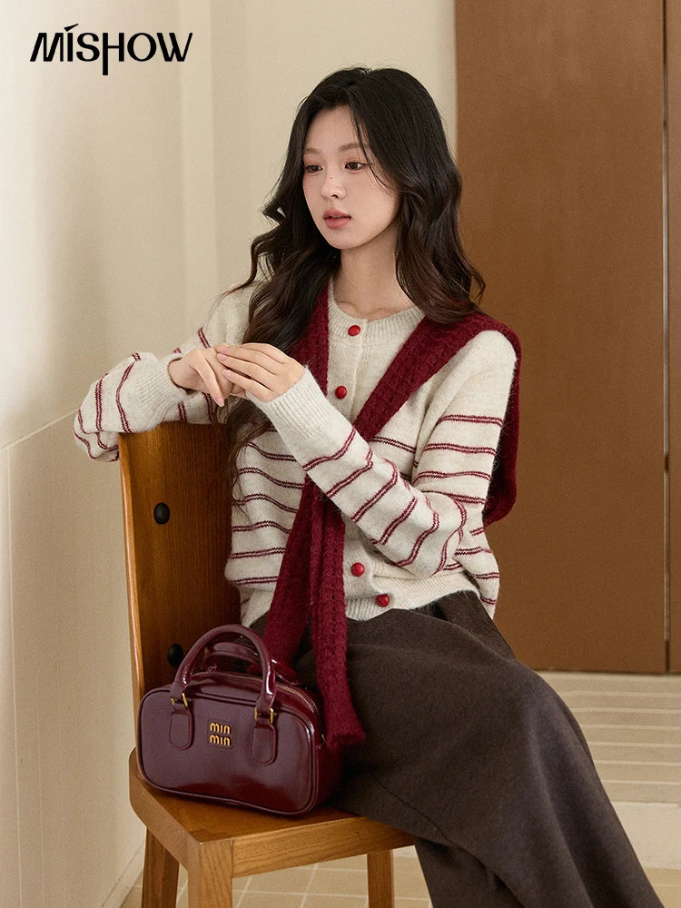 Mishow Beige Striped Red Scarf Button Cardigan MXE93Z2948