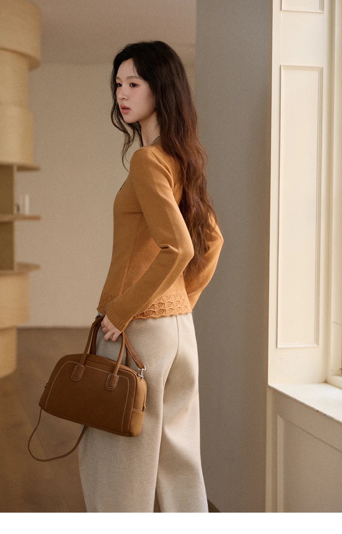 Mishow Beige Contrast French Hem Crochet Sweater MXE89Z2634