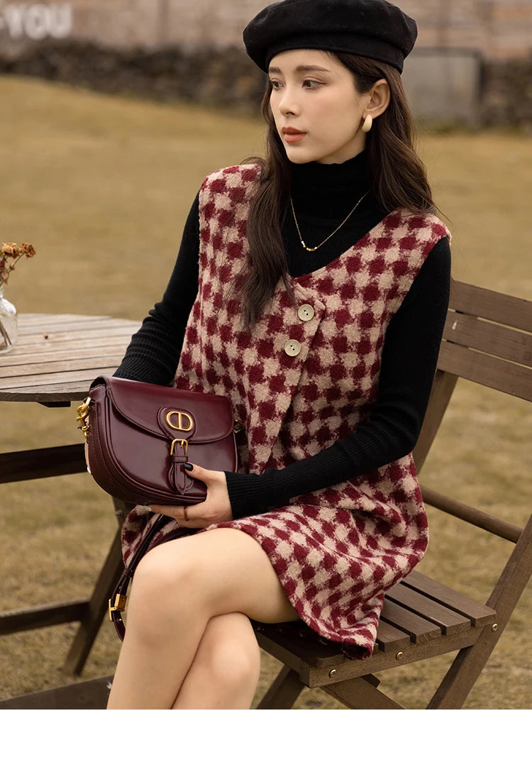 Mishow Plaid V-Neck Sleeveless Woolen Vest Dress MXB47L1332