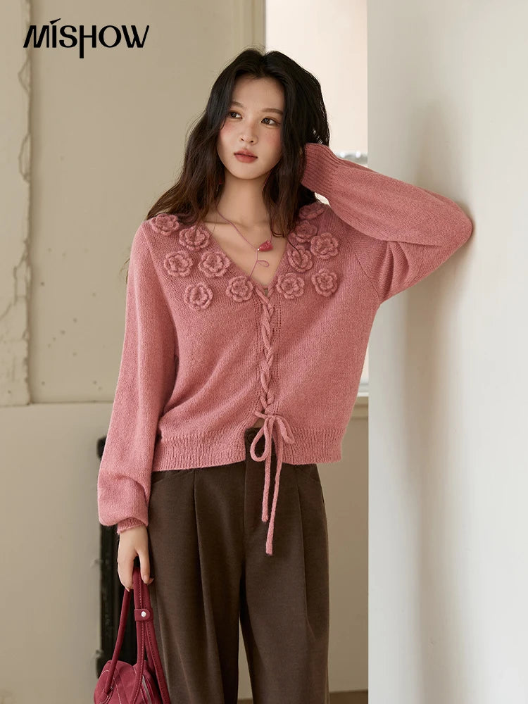 Mishow Pink 3D Rose V-Neck Loose Pullover MXE88Z2708