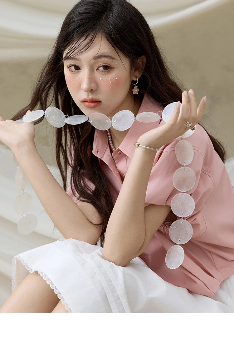 MISHOW Short Puff Sleeve Blouse Turn Down Collar Shell Ribbon MXE33C0773