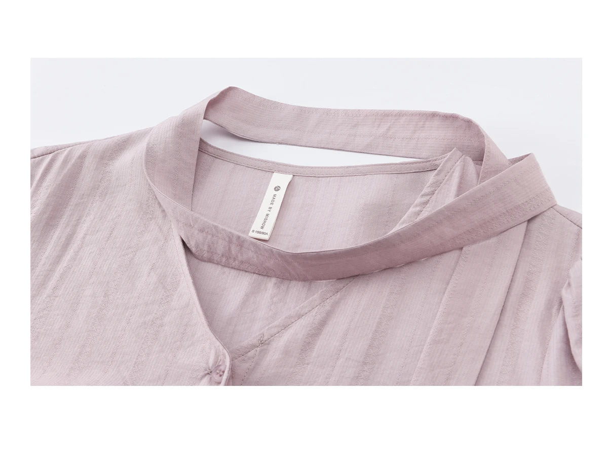 MISHOW Women's Purple Ribbon V-Neck Ruffled Shirt MXF13X2527