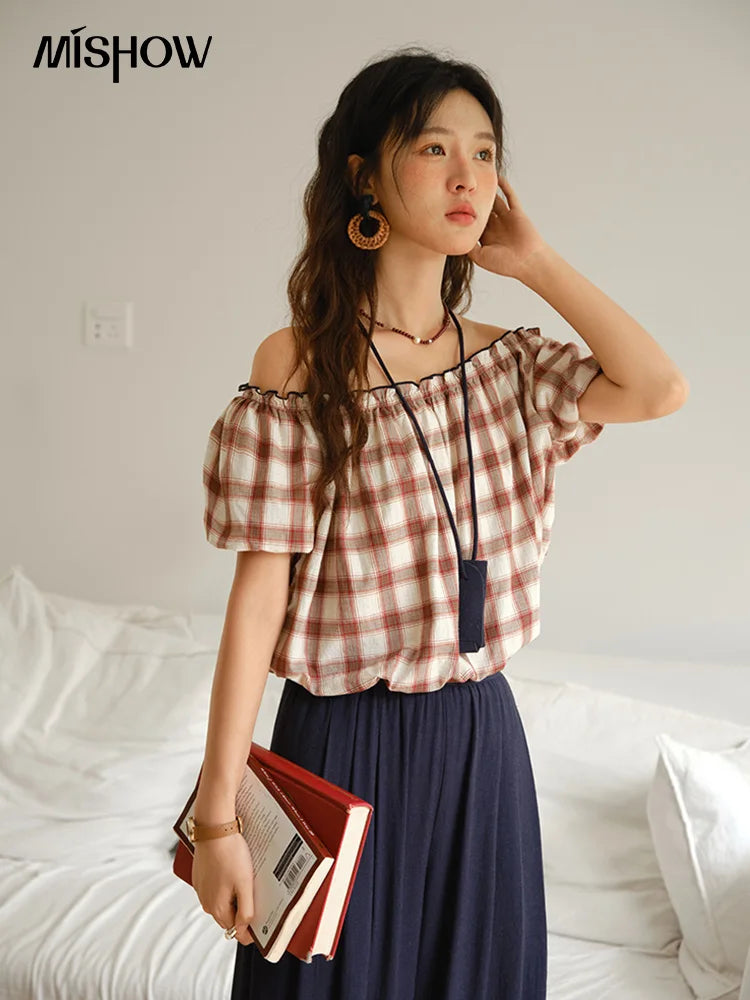 Mishow Retro Red Grid Puff Sleeve Top & Wide Leg Pants Set MXE37T0649