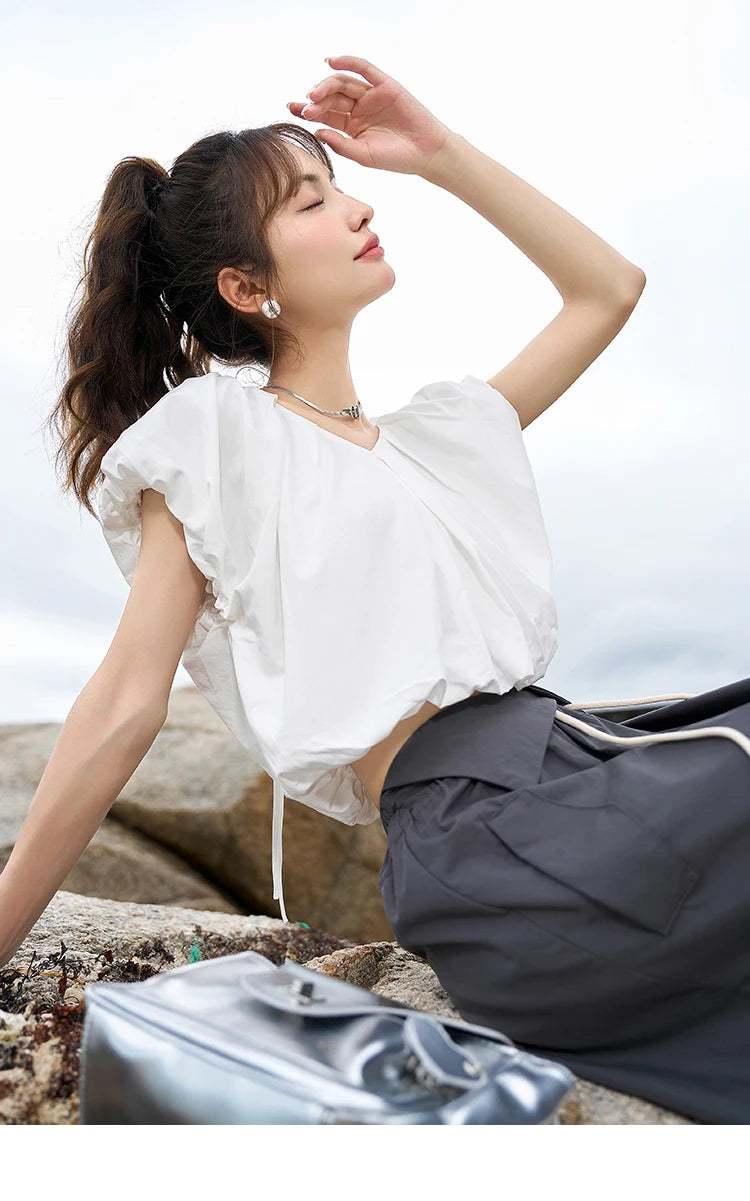 MISHOW French Rear Collar Tie Blouse V-Neck Puff Sleeve MXC38X1275