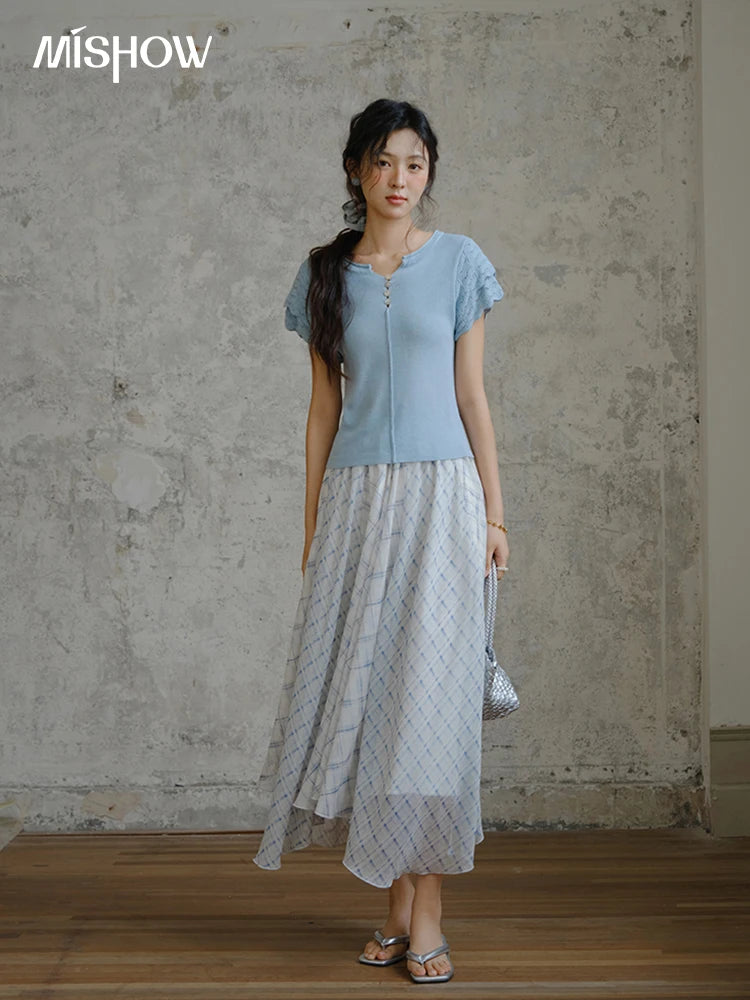 Mishow Blue Button O-Neck Wool Tee MXE34Z1262