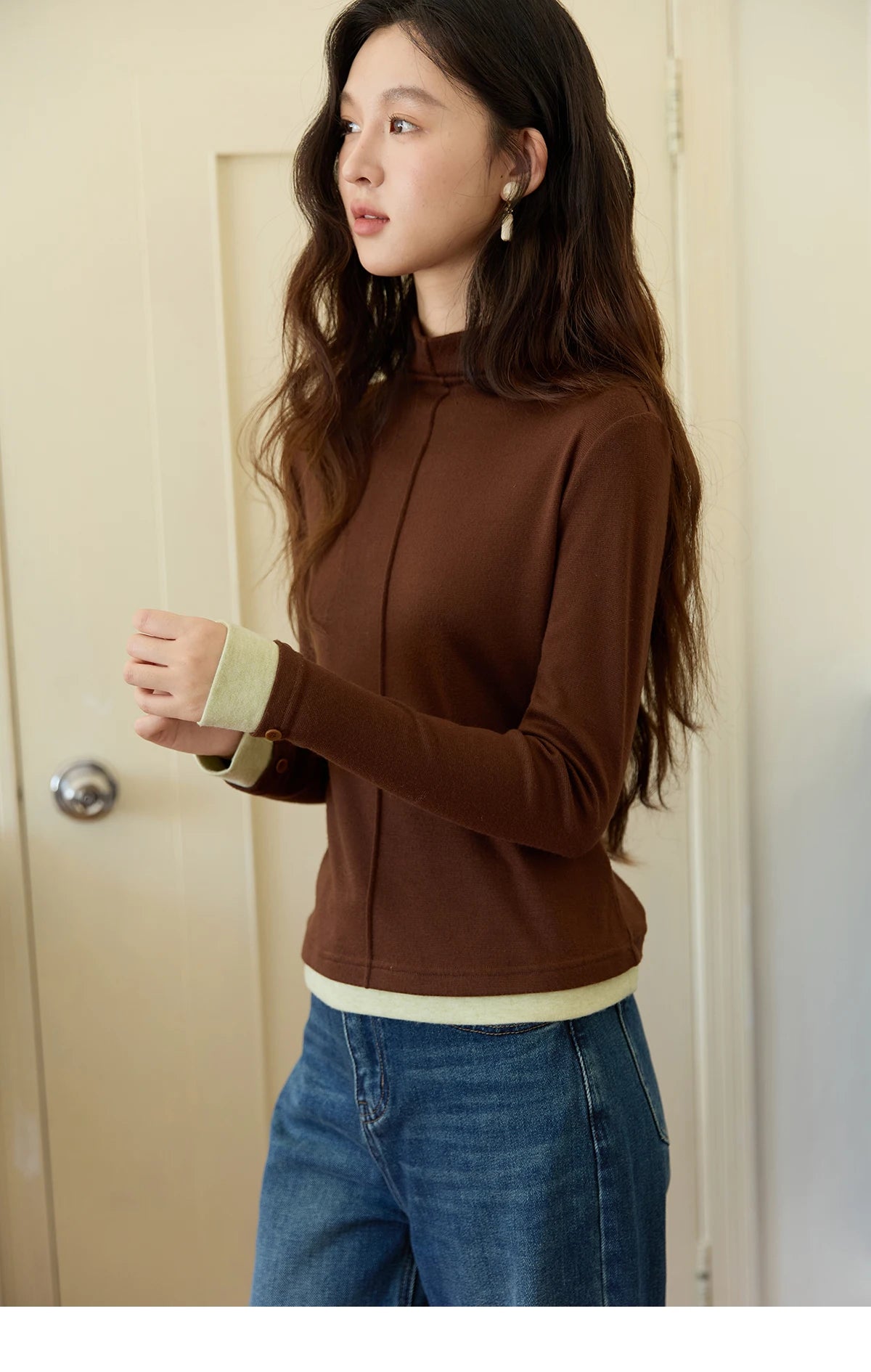 Mishow Apricot Stand Collar Slim Top with Detachable Cuffs MXE49Z2532