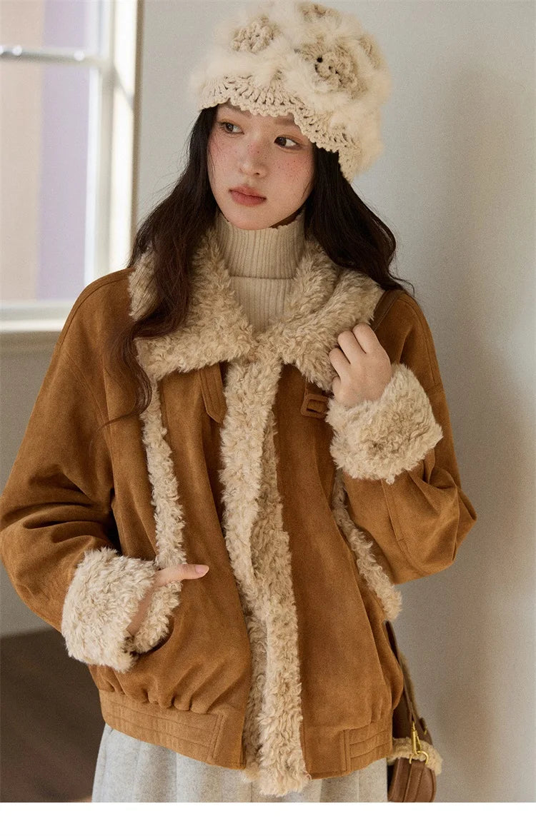 MISHOW Retro Brown Suede Jacket Patchwork Fur Turn Down Collar MXE89W0895