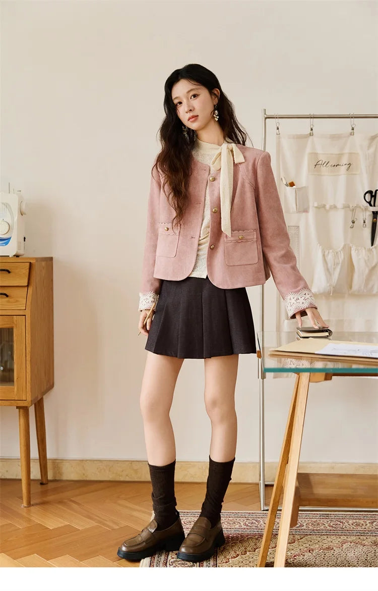 MISHOW Fragrant Suede Jacket Cuffs Hollowed Out Lace Metal Button MXE46W0839