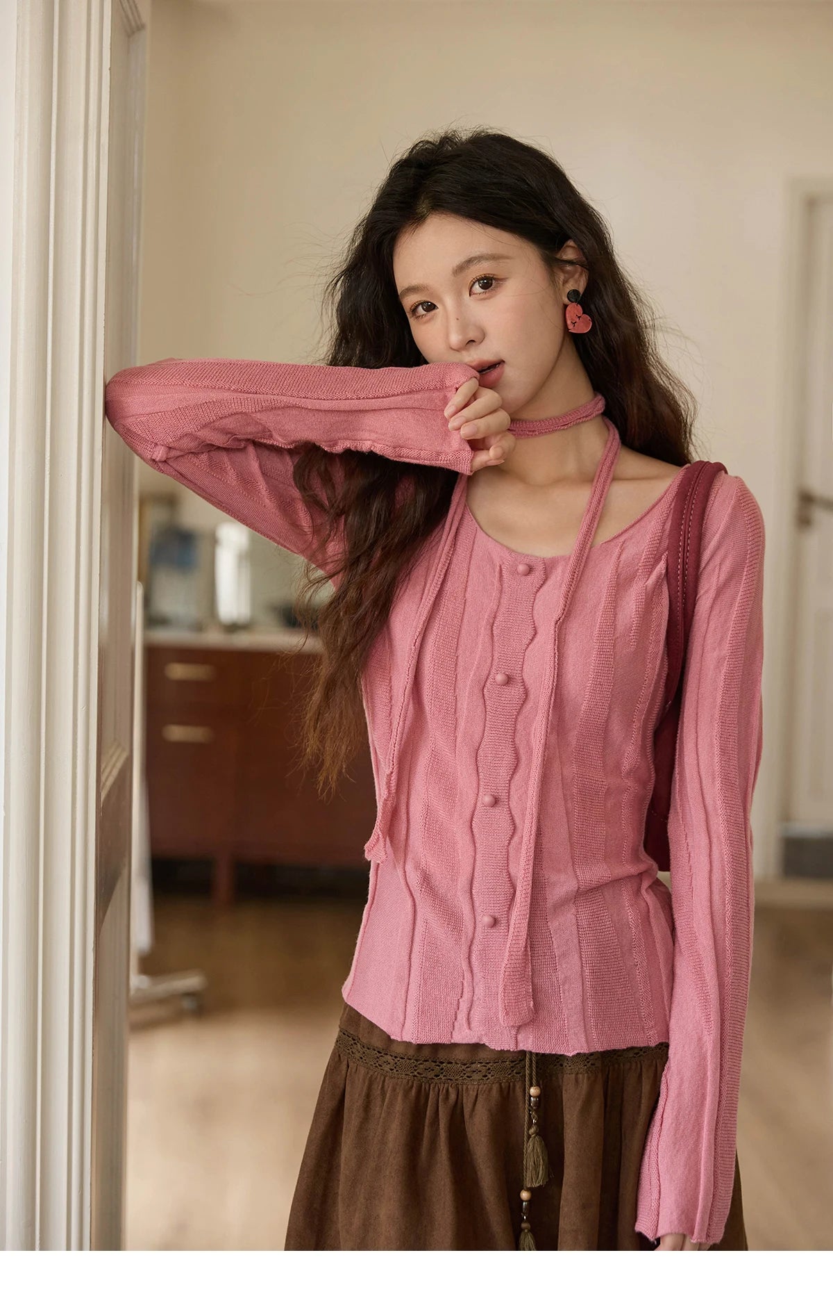 Mishow French Slim Scoop Neck Draped Tie Pullover MXE42Z1322