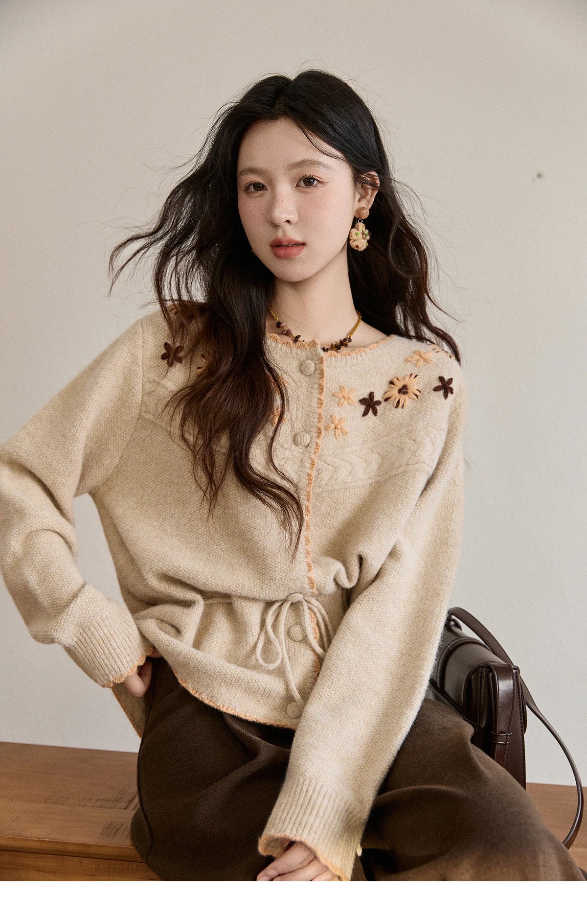 Mishow Apricot Hand-Embroidered Wool Blend Waist Tie Cardigan MXE87Z2702