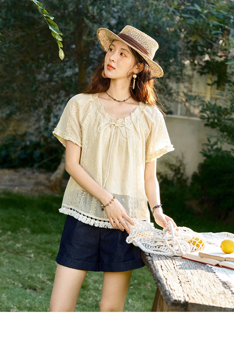 MISHOW Embroidered Jacquard Blouse O-Neck Lace Up MXE37X1861