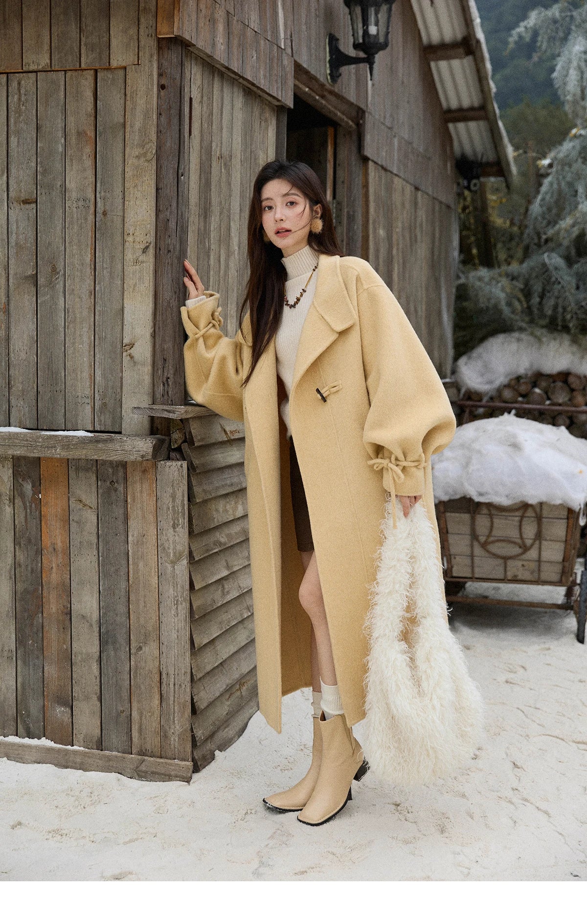 Mishow Yellow 100% Wool Double-Faced Turtleneck Coat MXE51W0902