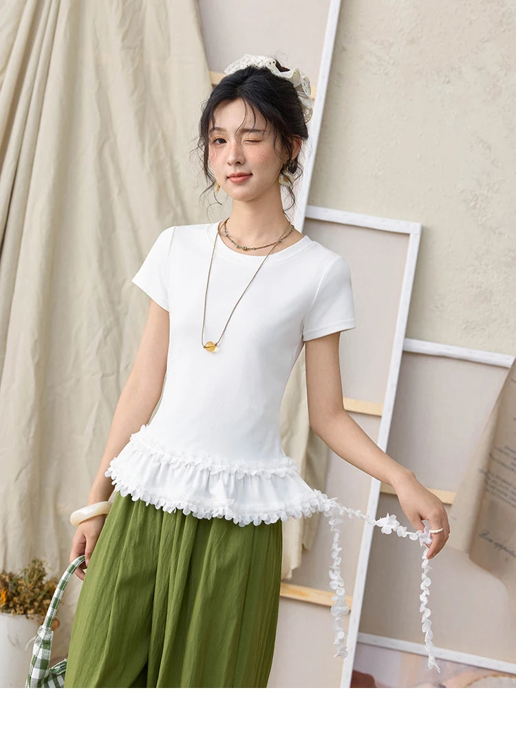 Mishow White Ruffled Tee with Red Lanyard Necklace MXE34T0557