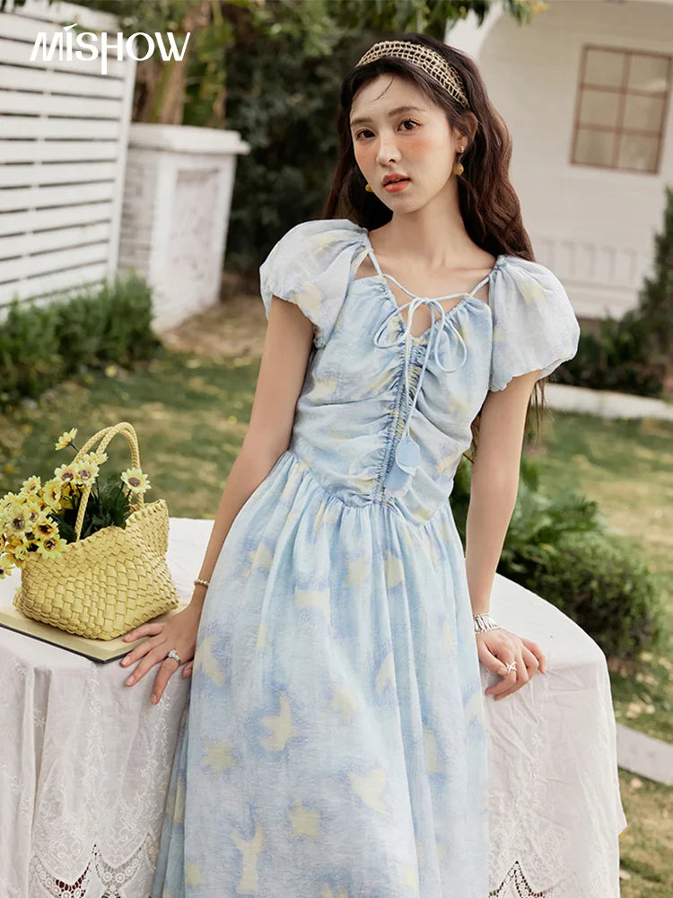 MISHOW V-Neck Lace-Up Puff Sleeve Midi Dress MXE34L2227