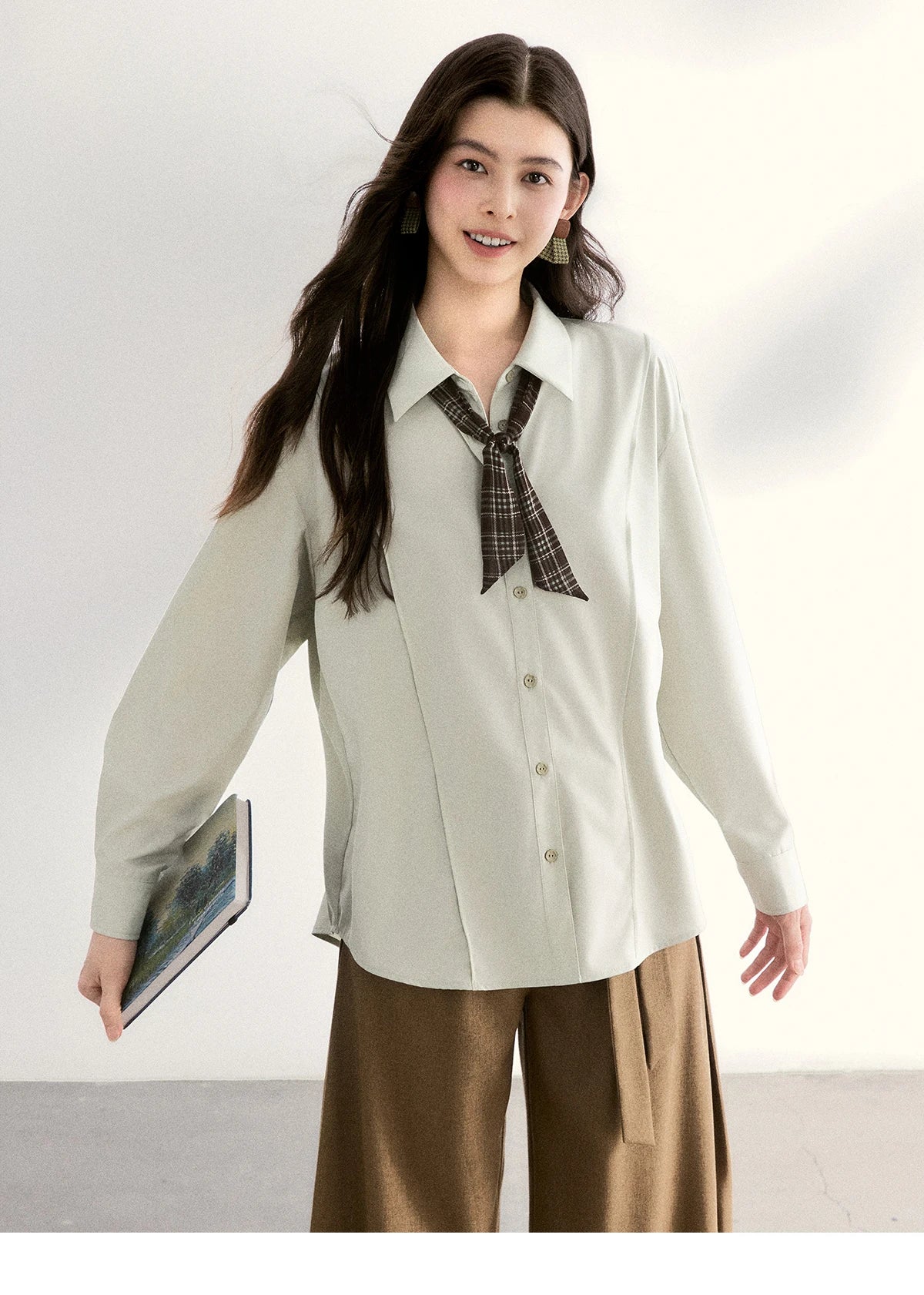 MISHOW Casual Loose Shirt with Plaid Scarf Lapel Top MXF108C0815